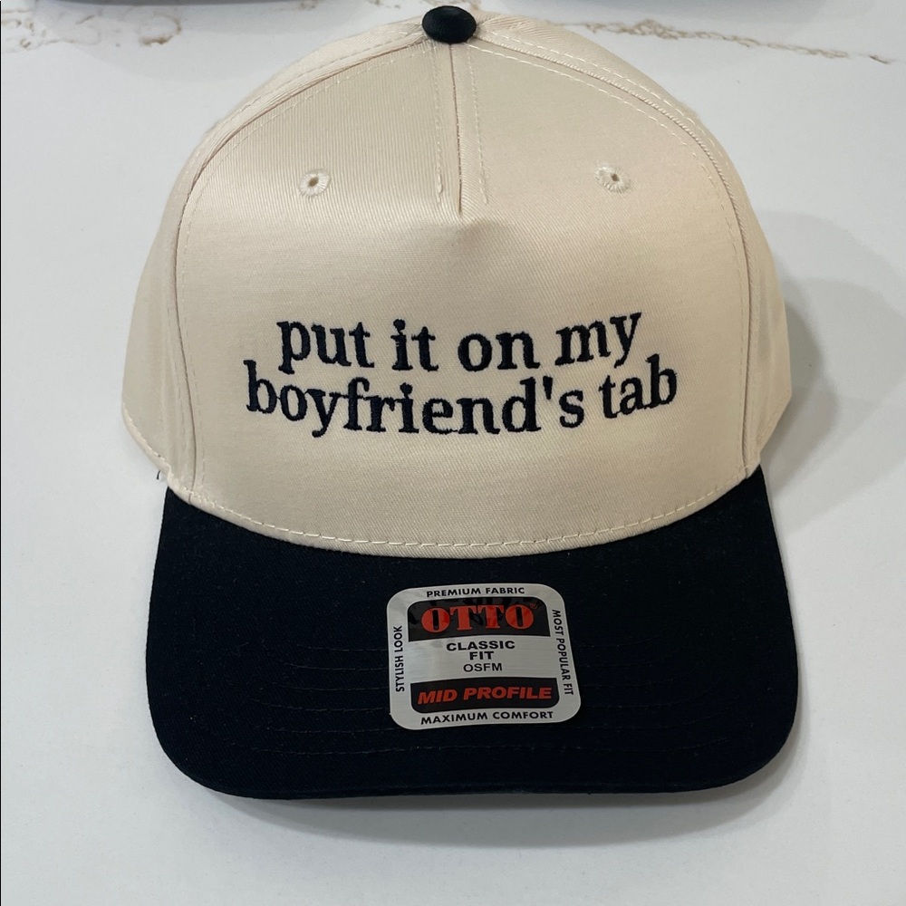 NWT PUT IT ON MY BOYFRIENDS TAB Cream and Black Trucker Style Hat